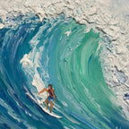Emerald Surge painting by Liam O'Connell: surfer on blue ocean wave. Coastal living room decor.