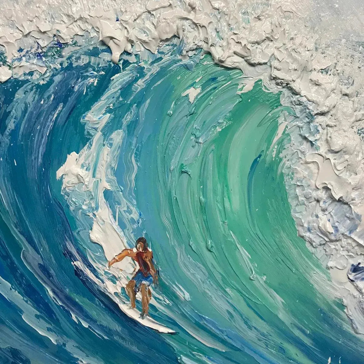 Emerald Surge painting by Liam O'Connell: surfer on blue ocean wave. Coastal living room decor.