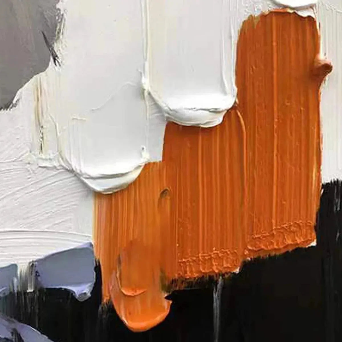 ORANGE BURST abstract painting by Isabella Rossi: Textured strokes of orange, white, black, and gray create modern art.