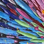 Chak Yu Lam impasto painting: vibrant rainbow colors, textured brushstrokes, close-up detail.