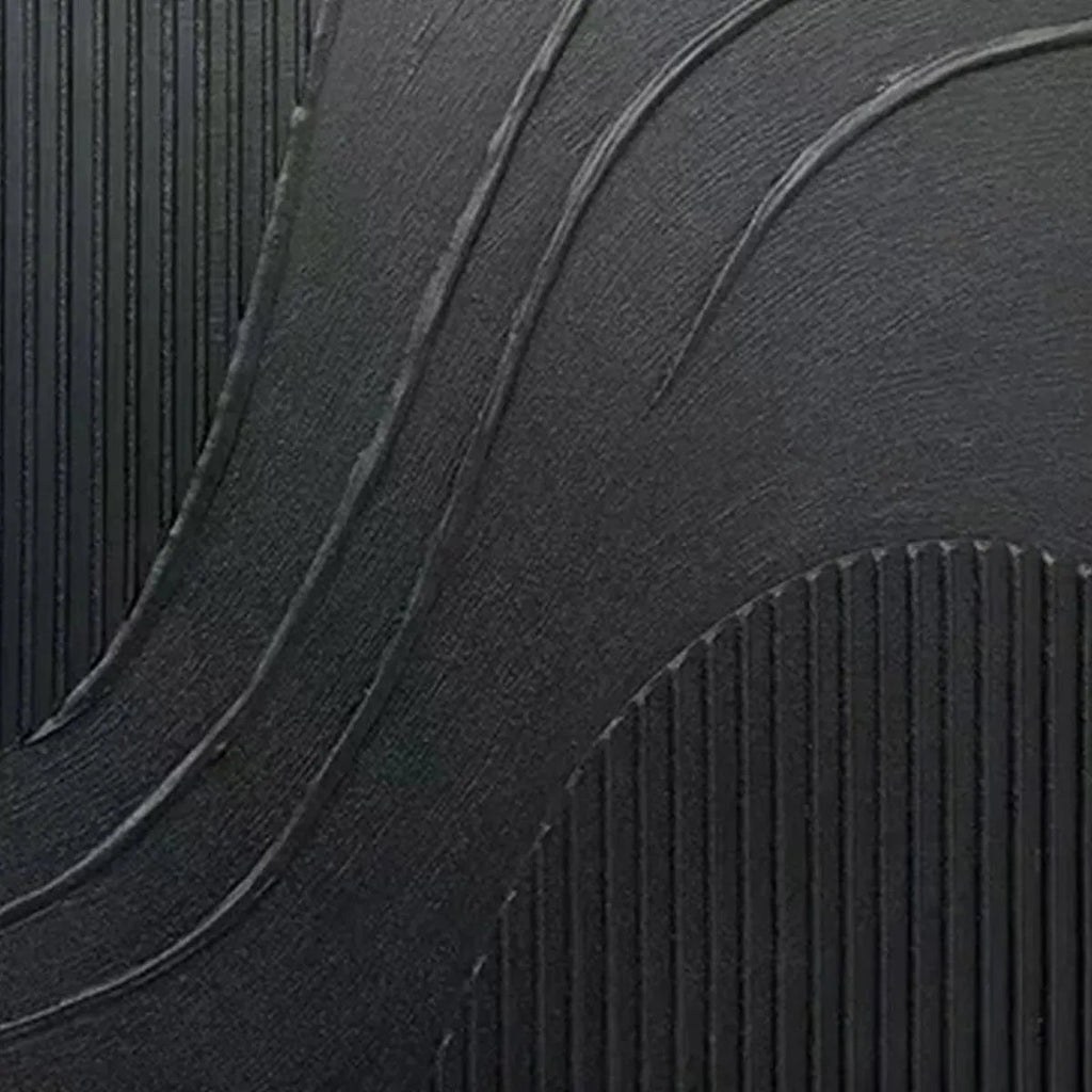 Javier Ramirez's Black Textured Curves painting, minimalist abstract art with textured black surface, modern wall decor
