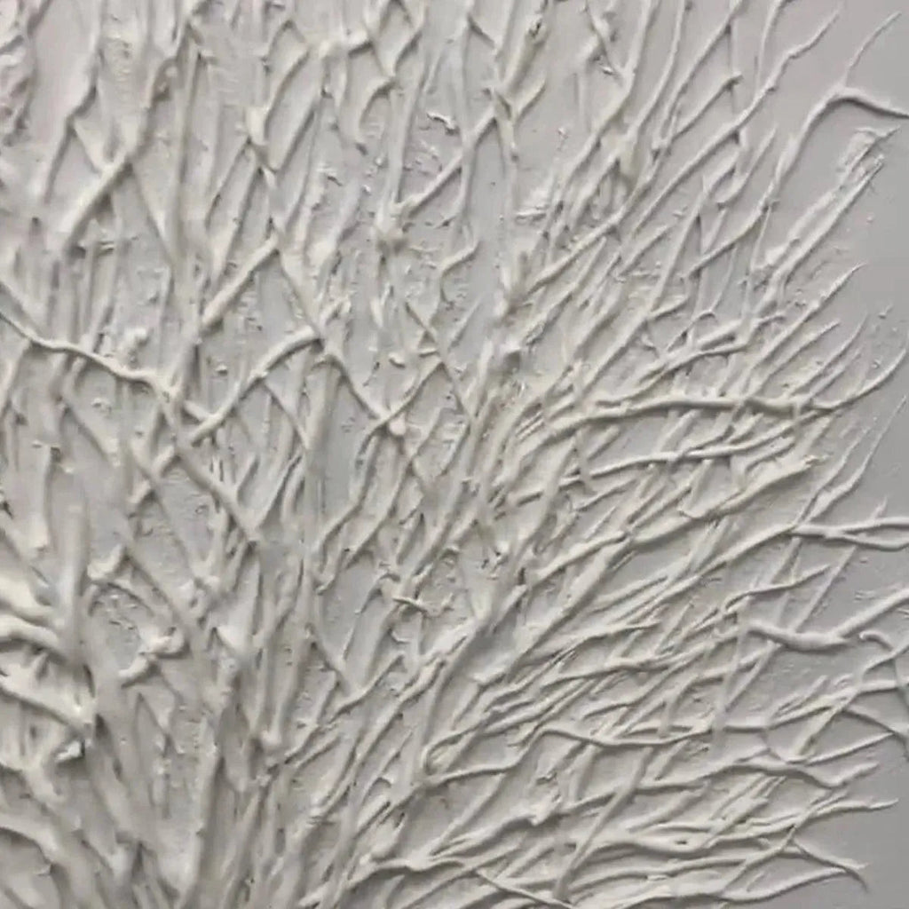 Elodie Dubois's 'White Textured Tree': Textured white wall art, minimalist branching design for modern spaces.