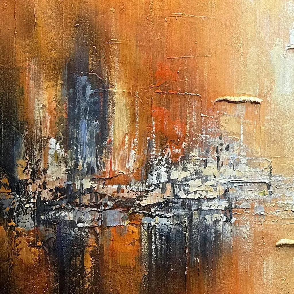 Golden City impasto painting close-up, textured abstract cityscape with orange, blue, gold brushstrokes by Isabella Rossi.