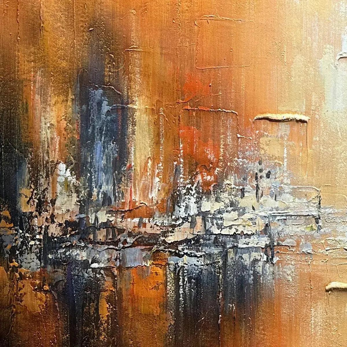 Golden City impasto painting close-up, textured abstract cityscape with orange, blue, gold brushstrokes by Isabella Rossi.
