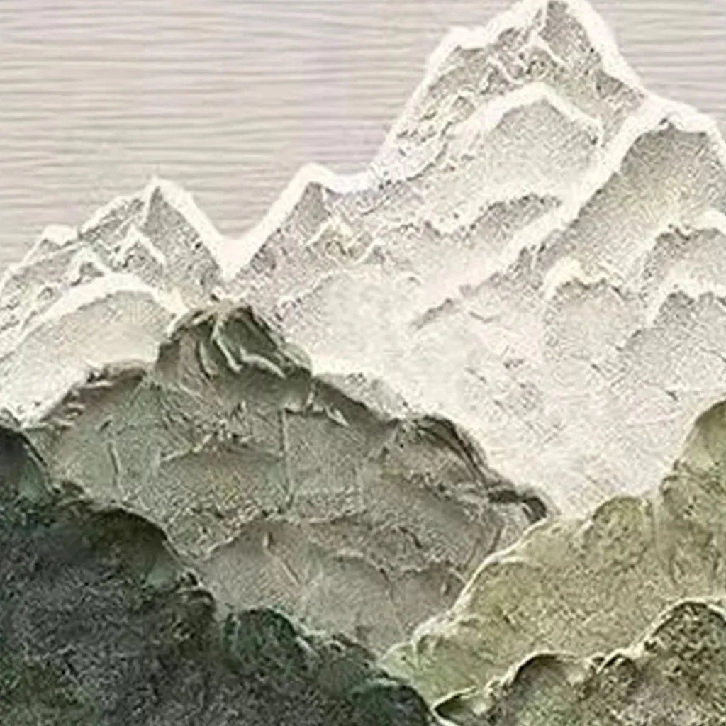 Jade Peak textured painting: Close-up impasto detail of green and white mountains, showcasing thick brushstrokes.