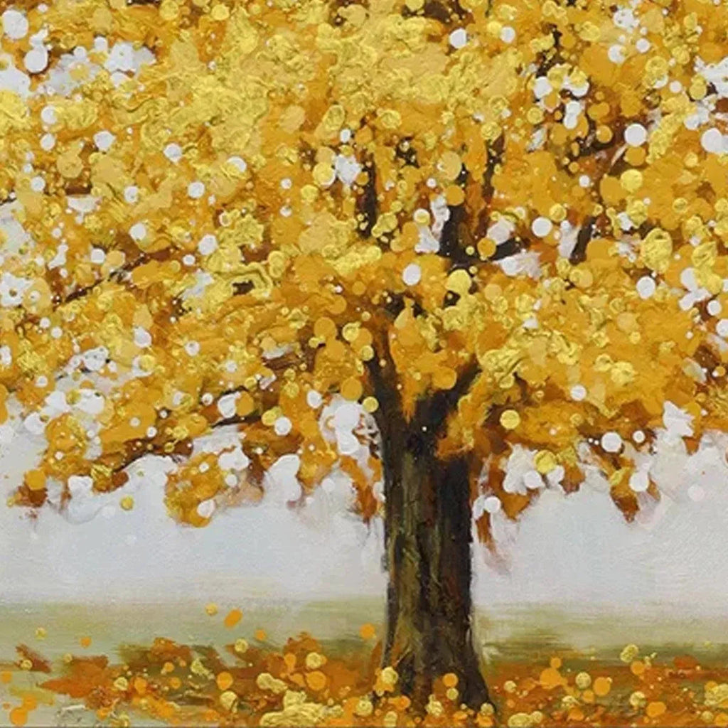 Golden Majesty textured golden tree painting, autumn-inspired wall art by Willow Davies, perfect for living room decor