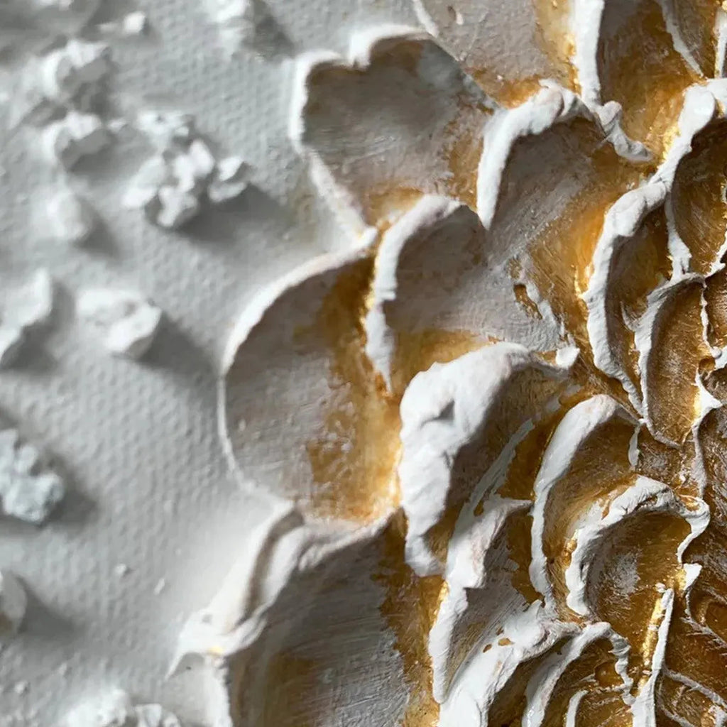 Textured gold and white Golden Harmony abstract painting by Javier Ramirez. Modern, textured square wall art.
