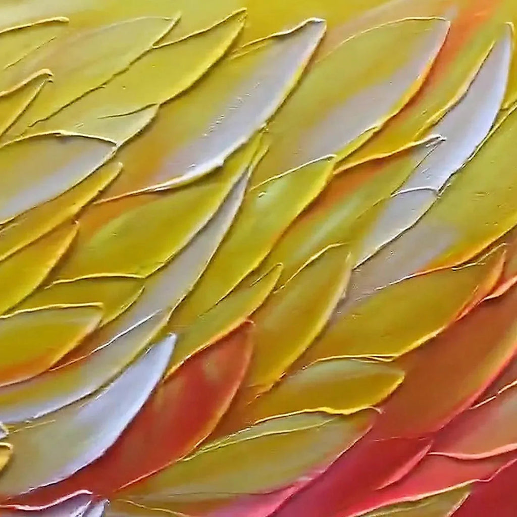 Close-up of Golden Waves textured painting showing impasto brushstrokes in yellow, orange, white, and pink.