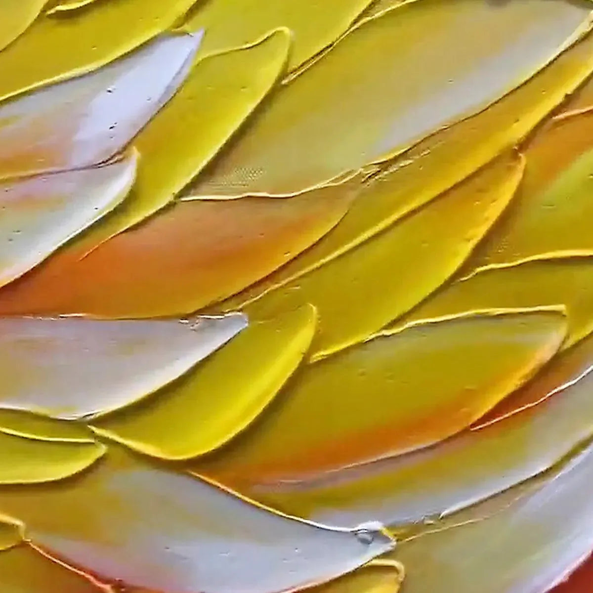 Close-up of Golden Waves painting, showing thick impasto texture in yellow, orange, and white.