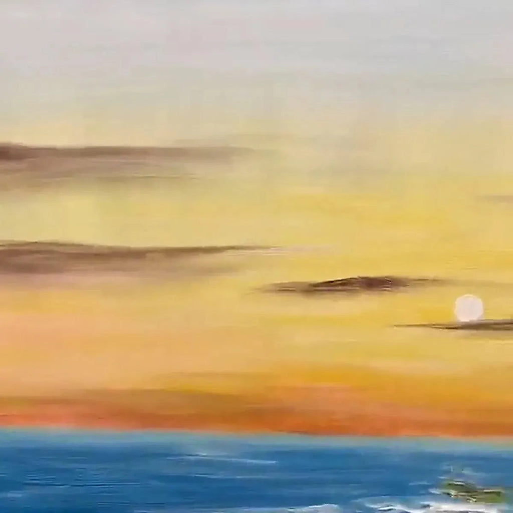 Sunkissed Shores vertical oil painting, serene sunset over blue ocean, warm colors, beach wall art.