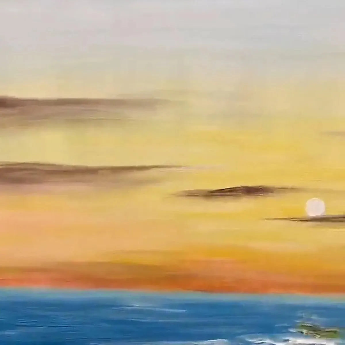 Sunkissed Shores vertical oil painting, serene sunset over blue ocean, warm colors, beach wall art.