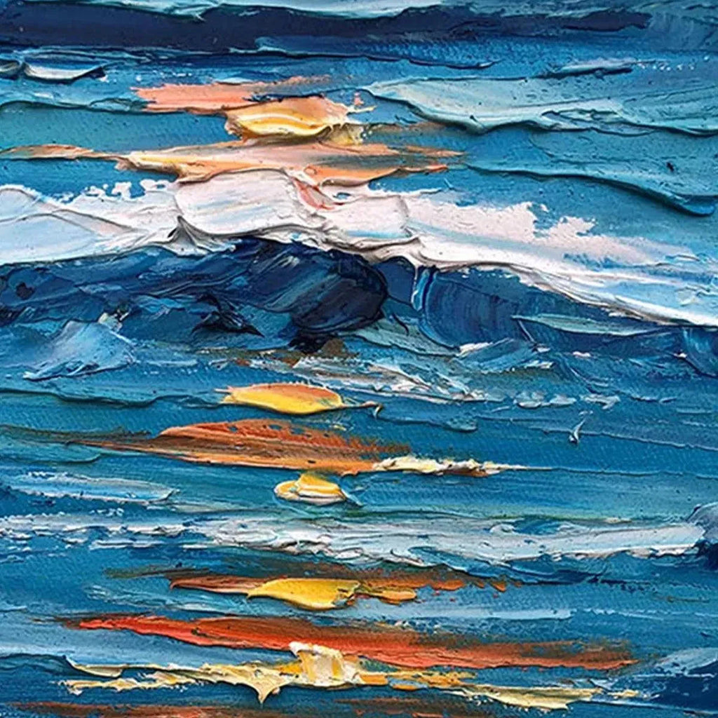 Textured oil painting of ocean sunset with thick impasto strokes, featuring blue waves and orange & gold reflections.