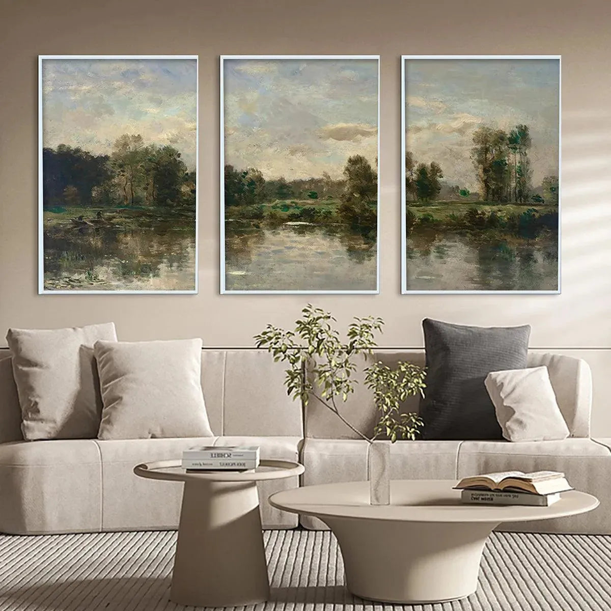 Chen Liu's Riverside Triptych: Set of 3 landscape paintings. Traditional Chinese art, serene riverside view, framed artwork.