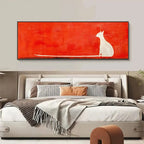 CAT ON RED : Bold Red Backdrop White Cat Minimalist Panoramic Canvas