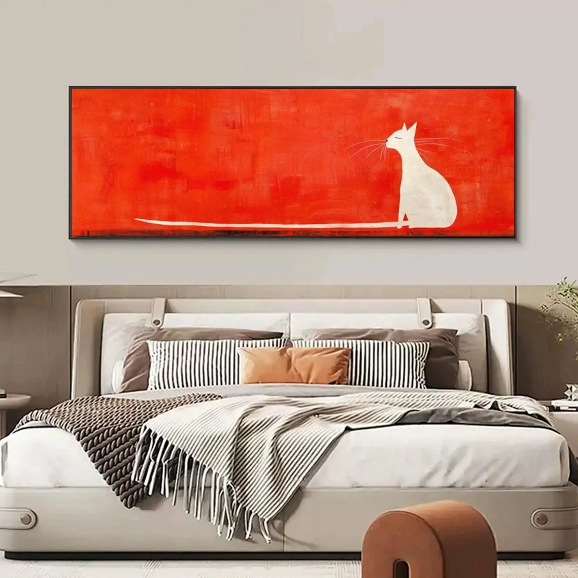 CAT ON RED : Bold Red Backdrop White Cat Minimalist Panoramic Canvas