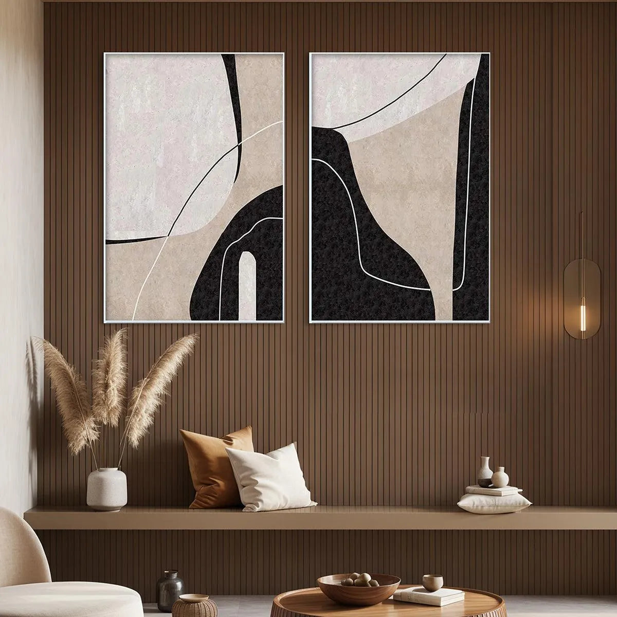 Vertical diptych art set in beige, black, white with organic shapes and thin lines, displayed in a living room.
