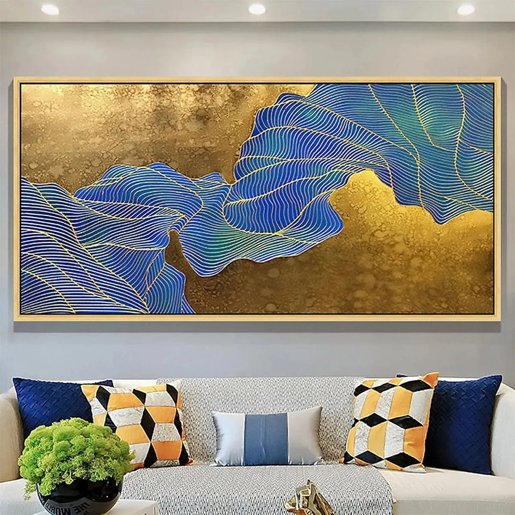 GOLDEN FLOW: Flowing Blue Lines Textured Gold Background Canvas