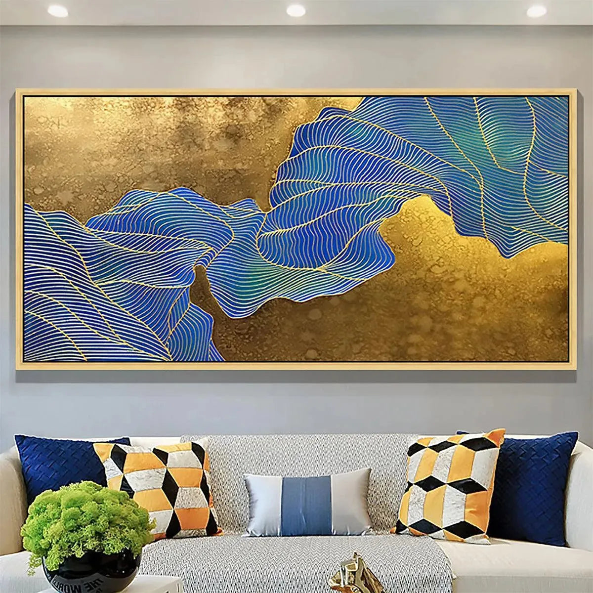 GOLDEN FLOW: Flowing Blue Lines Textured Gold Background Canvas