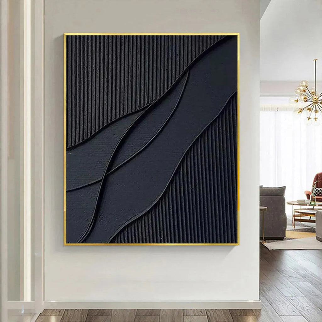 Javier Ramirez Black Textured Waves art, minimalist black painting, gold frame, modern wall decor.