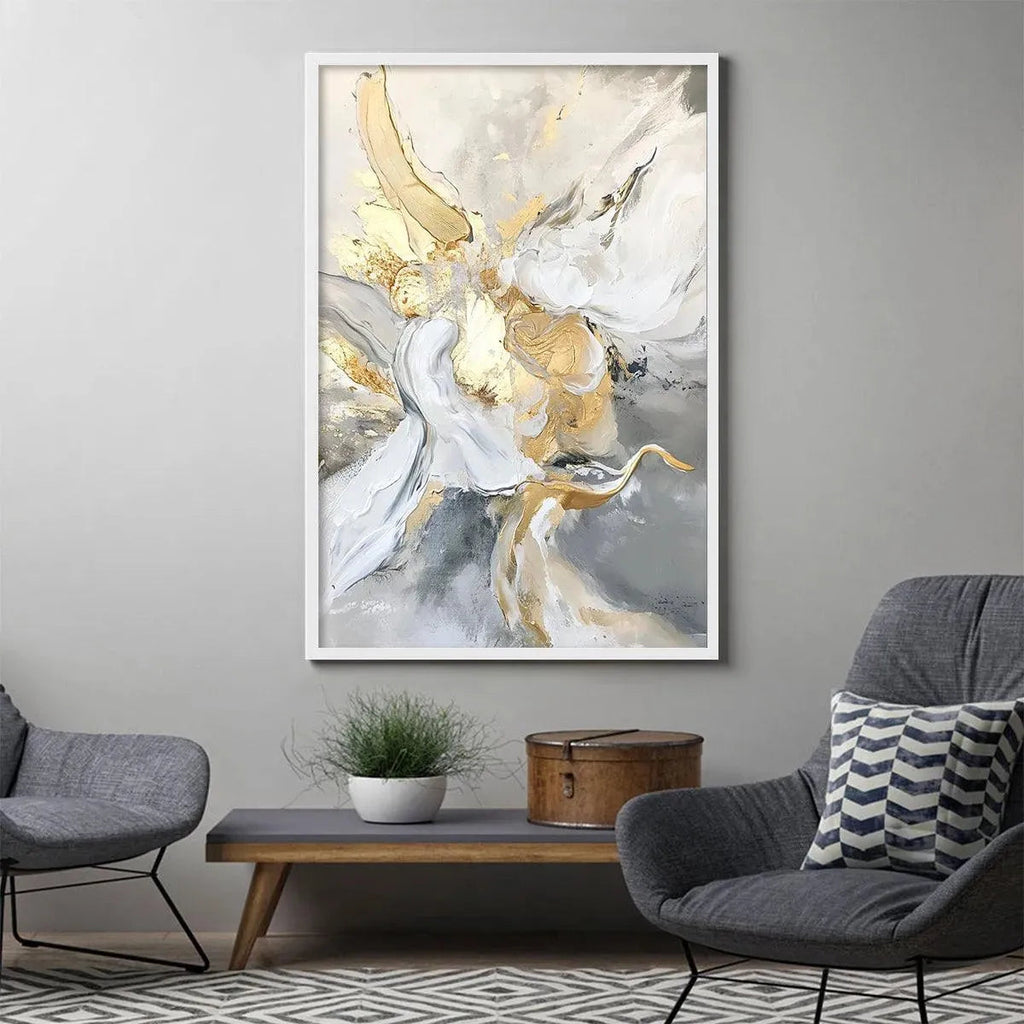 ETHEREAL GOLD: Impasto Mesmerizing White Grey Gold Canvas