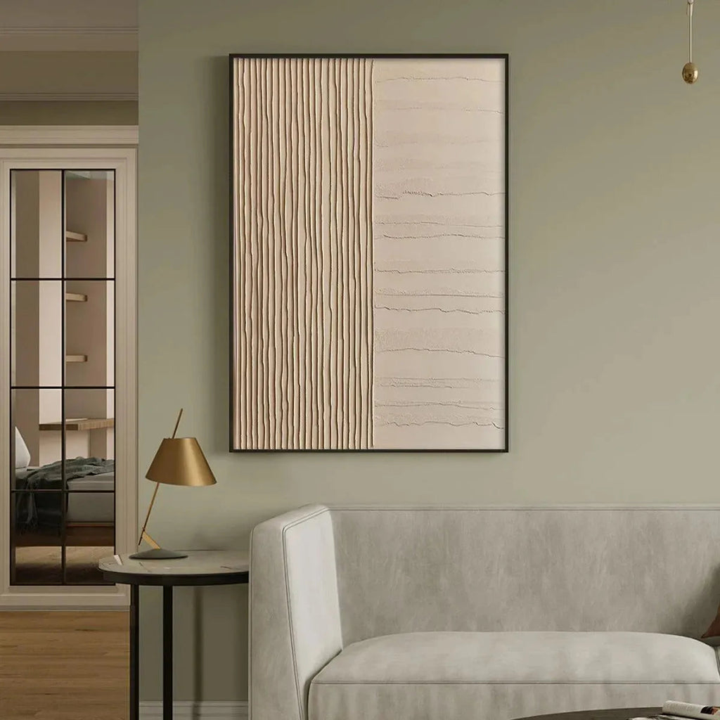 Javier Ramirez's Textured Beige Lines artwork, minimalist art, vertical and horizontal lines, gold frame, for modern decor