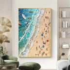 Sun-Kissed Shores painting by Isabella Rossi: Textured beach scene with figures, boats, and umbrellas; coastal artwork.