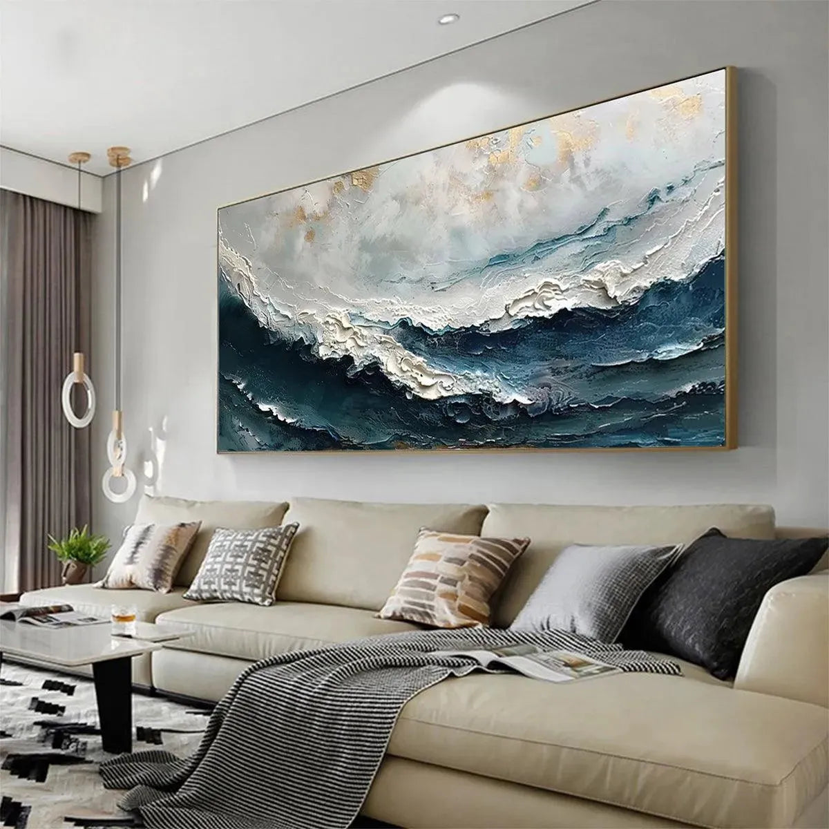Ocean Dream abstract painting by Liam O'Connell: blue, white, and gold ocean waves, gold frame. Modern home decor.