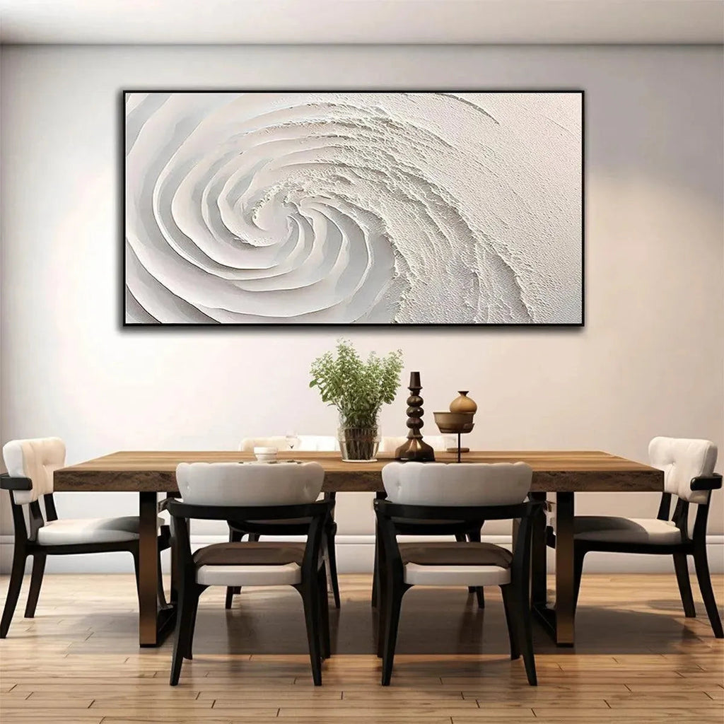 WHIRLWIND textured white abstract swirl painting by Isabella Rossi, horizontal impasto art in dining room.