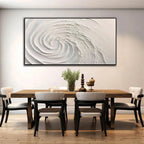 WHIRLWIND textured white abstract swirl painting by Isabella Rossi, horizontal impasto art in dining room.