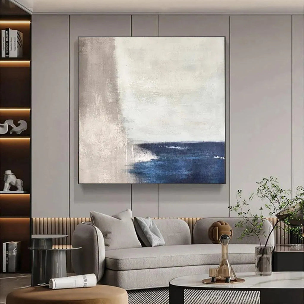 Serene Shore abstract coastal painting by Javier Ramirez, blue and beige tones, modern living room art