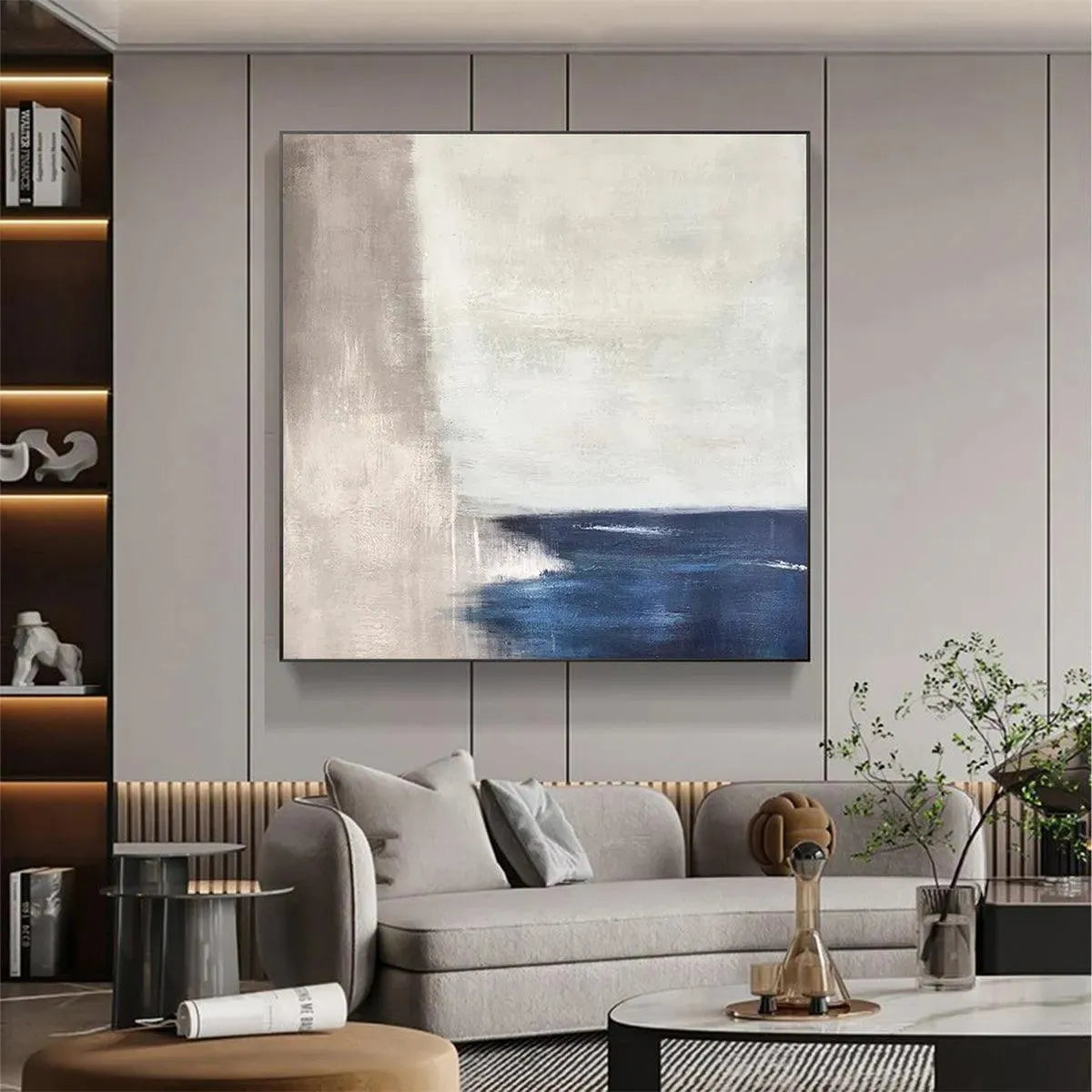 Serene Shore abstract coastal painting by Javier Ramirez, blue and beige tones, modern living room art