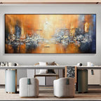 Golden City Isabella Rossi impasto painting, horizontal abstract cityscape in orange and blue, textured art in room setting.