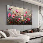 SUMMER BLOOM: Textured impasto painting of pink and white flowers on a grey background, displayed in a modern living room.