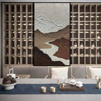 EARTH RIVER: Textured modern wall art with brown mountains, white peaks, winding river in a modern room setting.