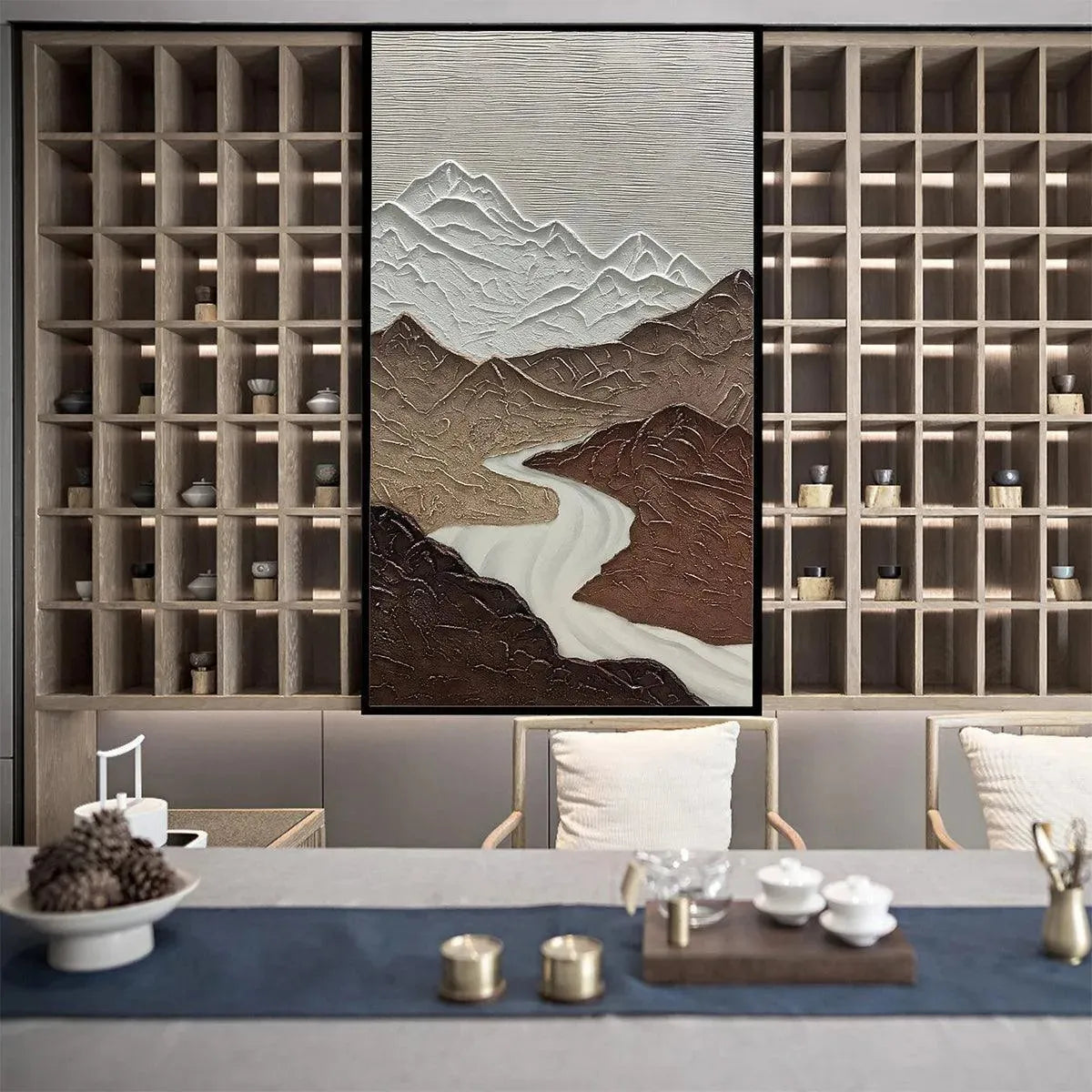 EARTH RIVER: Textured modern wall art with brown mountains, white peaks, winding river in a modern room setting.