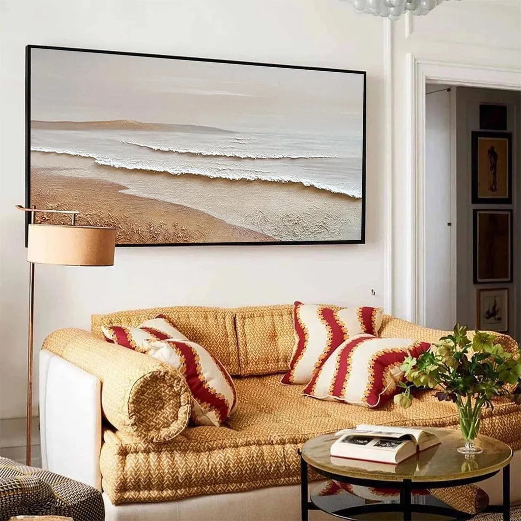 WHISPERING TIDES textured beach painting in living room, beige sand, white impasto waves.