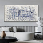 Javier Ramirez BLUE GRID abstract painting, textured white with blue lines, framed modern art.