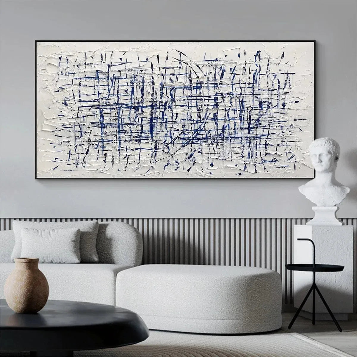 Javier Ramirez BLUE GRID abstract painting, textured white with blue lines, framed modern art.