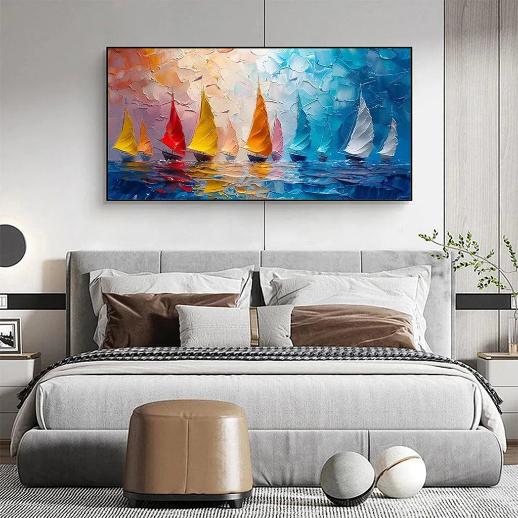 REGATTA: Textured Sailboat Painting Panoramic Canvas Coastal Wall Art