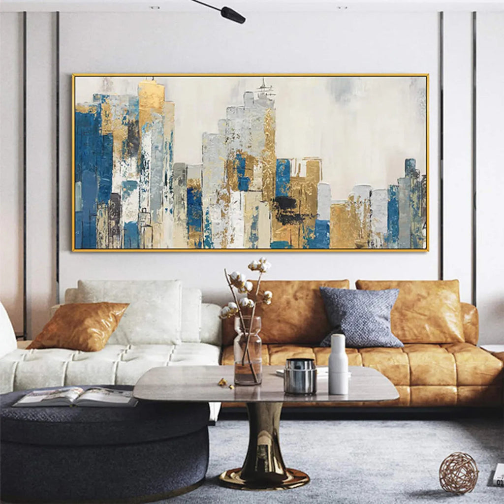 GOLDEN METROPOLIS: Vertical Gold Blue Abstract Cityscape Oil Painting