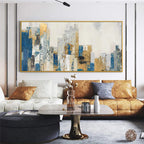 GOLDEN METROPOLIS: Vertical Gold Blue Abstract Cityscape Oil Painting