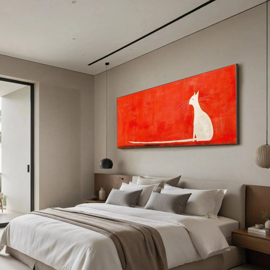 CAT ON RED : Bold Red Backdrop White Cat Minimalist Panoramic Canvas
