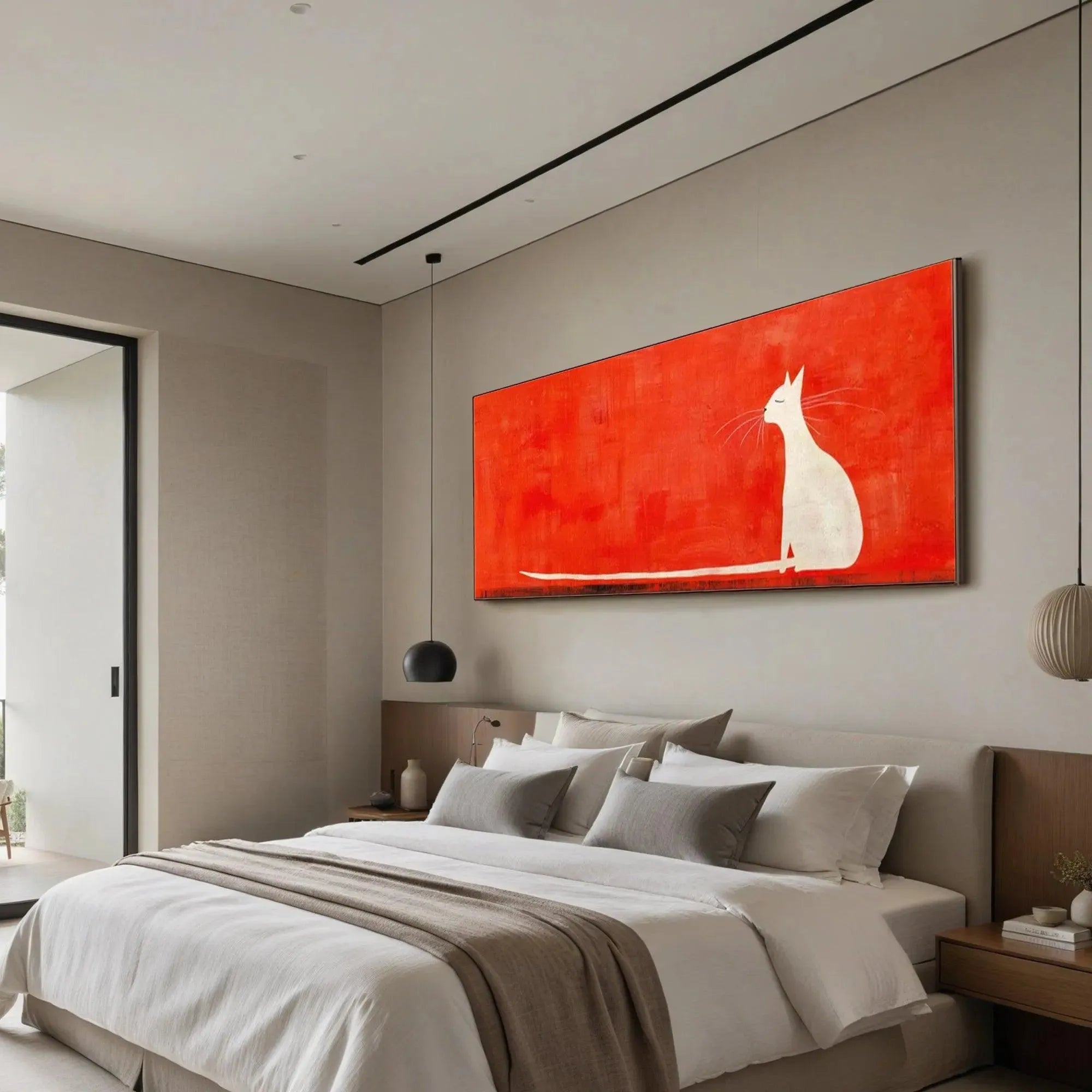 CAT ON RED : Bold Red Backdrop White Cat Minimalist Panoramic Canvas