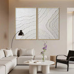 White Textured Lines Diptych by Isabella Rossi: Abstract white textured art with gold frames. Modern decor.