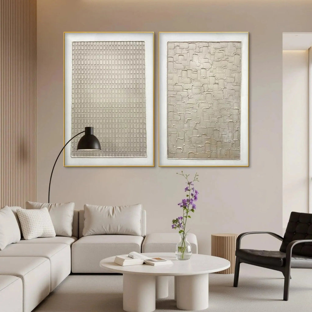 Textured Beige Grid Set by Javier Ramirez in modern living room, minimalist art for home decor, beige tones.