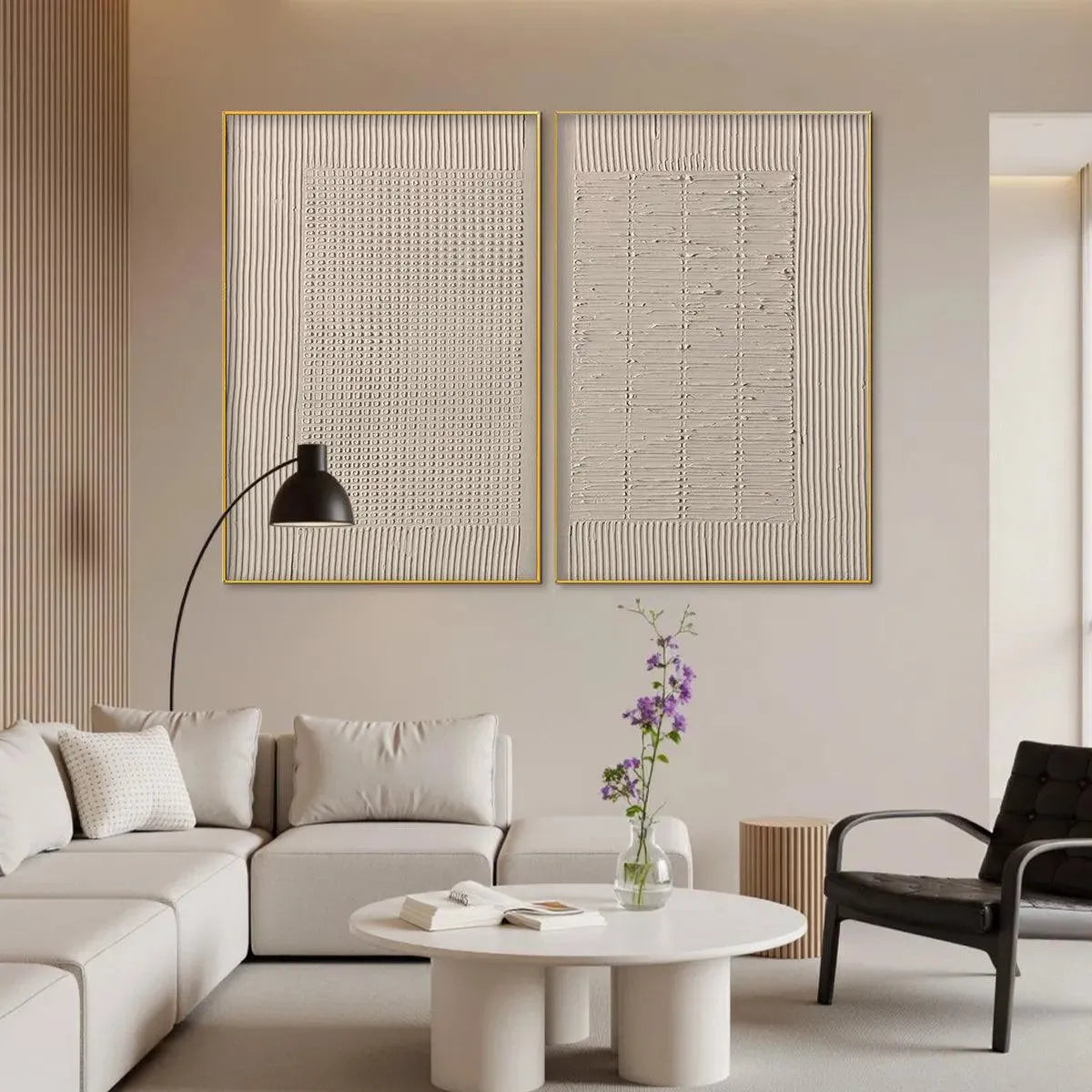 Textured Grid Duo by Javier Ramirez in beige, abstract art with gold frames, adding modern elegance to a living room.