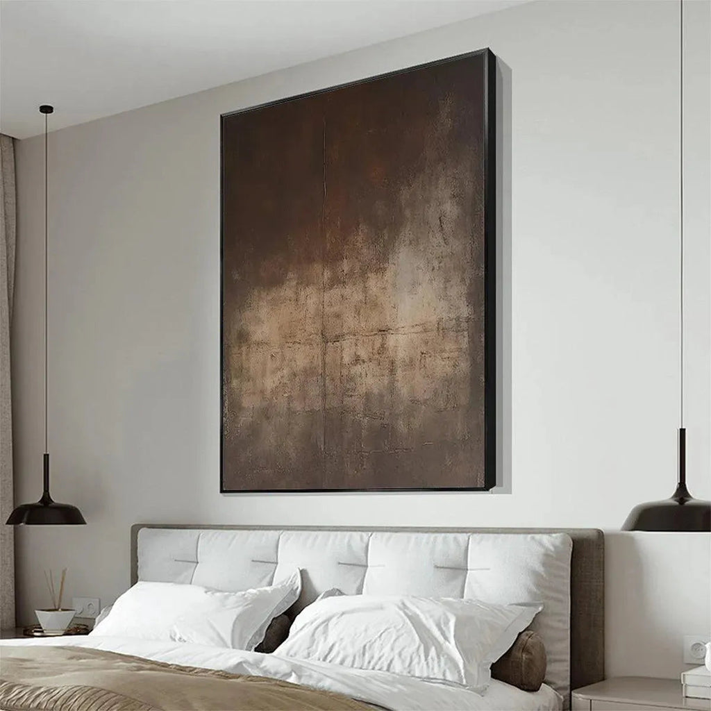 Javier Ramirez Dark Brown Abstract painting in a bedroom. Textured minimalist artwork for modern interior design.