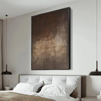 Javier Ramirez Dark Brown Abstract painting in a bedroom. Textured minimalist artwork for modern interior design.