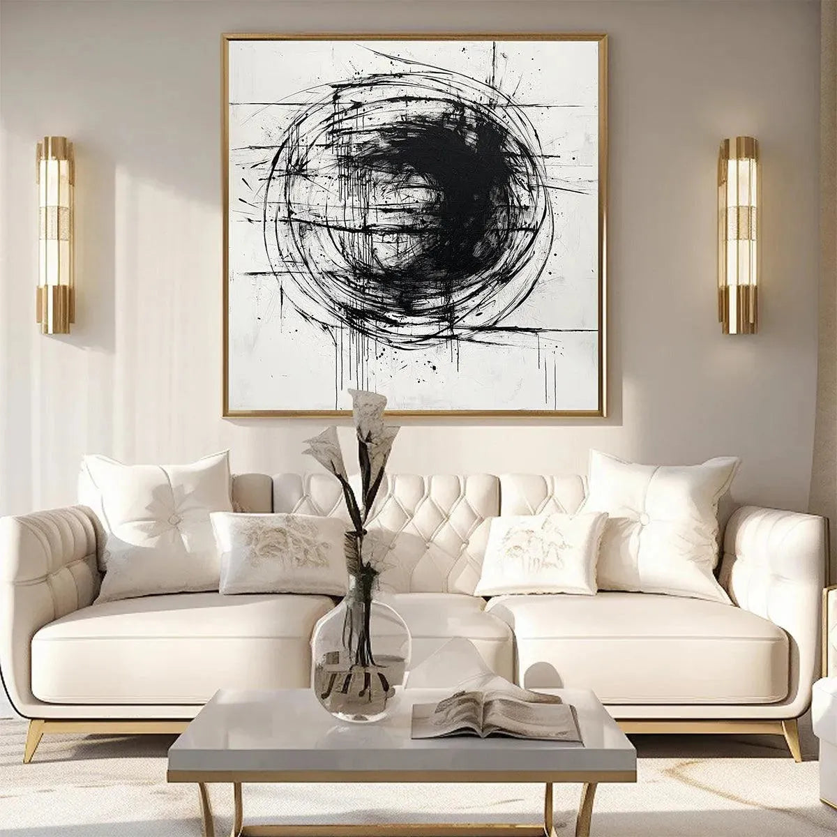 INK VORTEX: Dynamic Black Ink White Canvas Abstract Expression Oil Painting