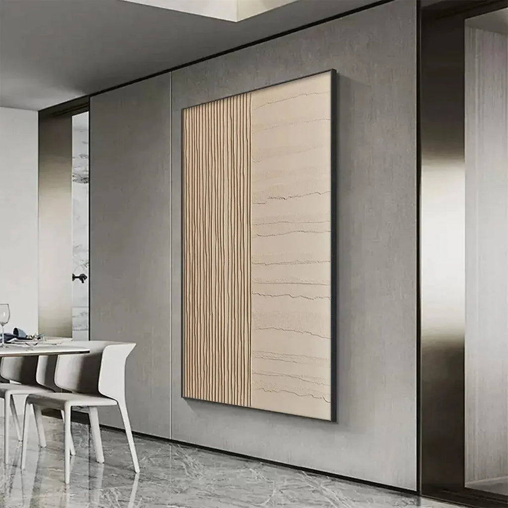 Javier Ramirez Textured Beige Lines painting, minimalist art, vertical lines, modern decor, neutral colors.